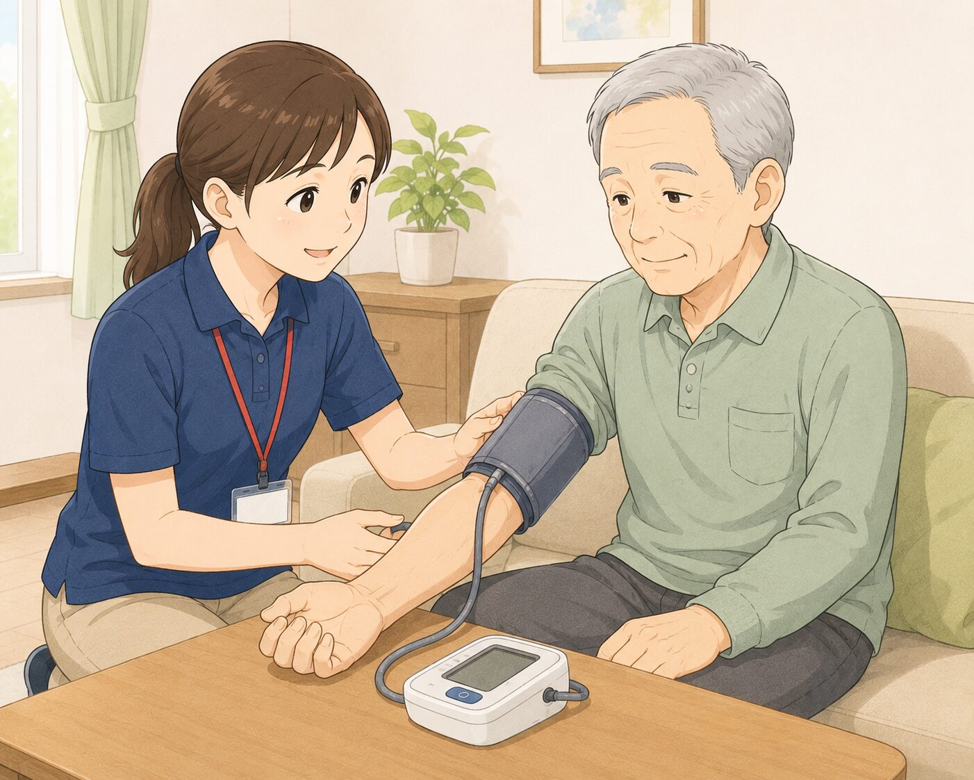 訪問リハビリ職員が血圧測定をするイラスト