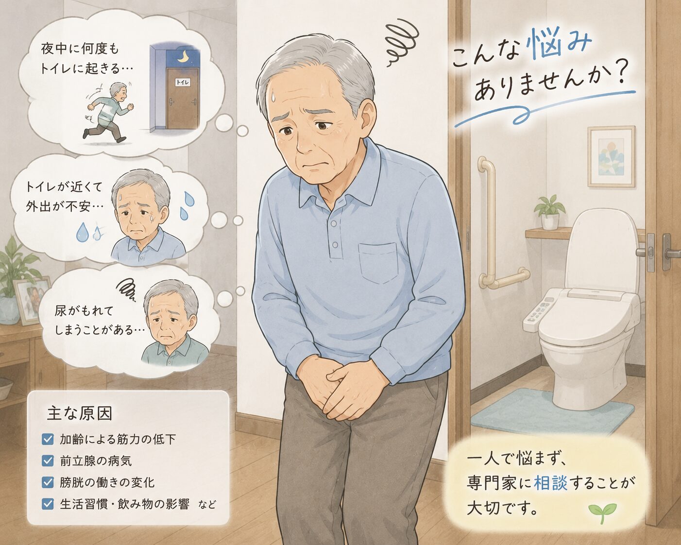 排泄に悩む高齢者のイラスト