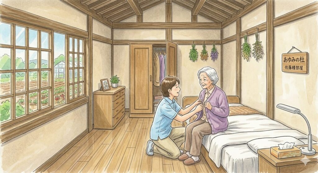 施設で着替えを手伝ってもらっている高齢者のイラスト