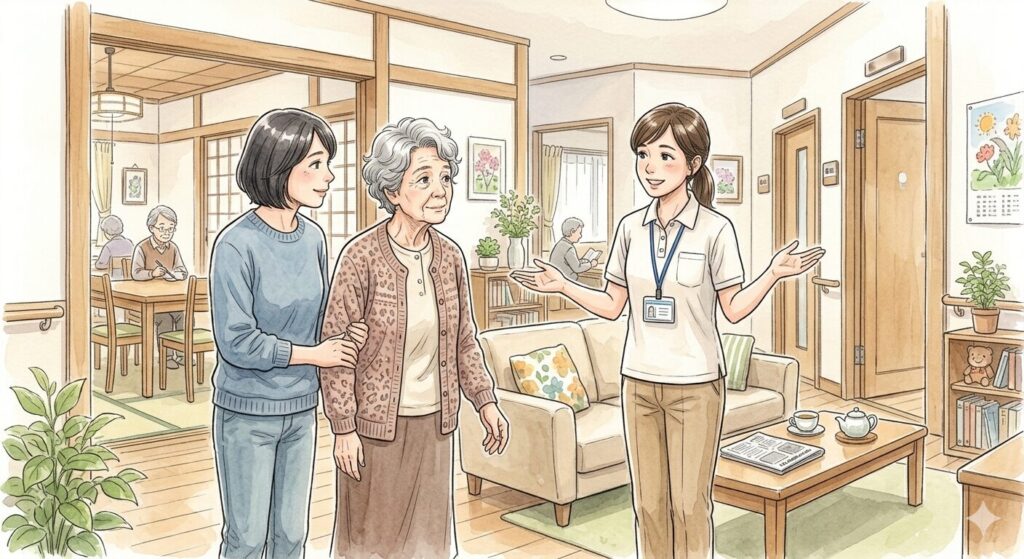 施設見学に行く親子のイラスト