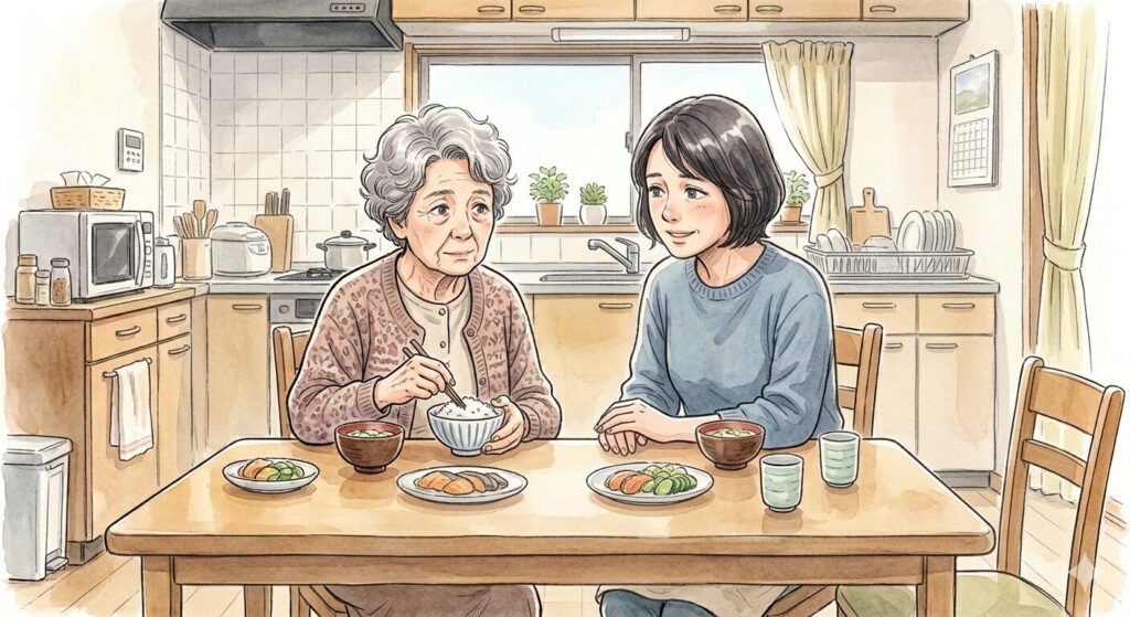 認知症の母を見守る娘のイラスト