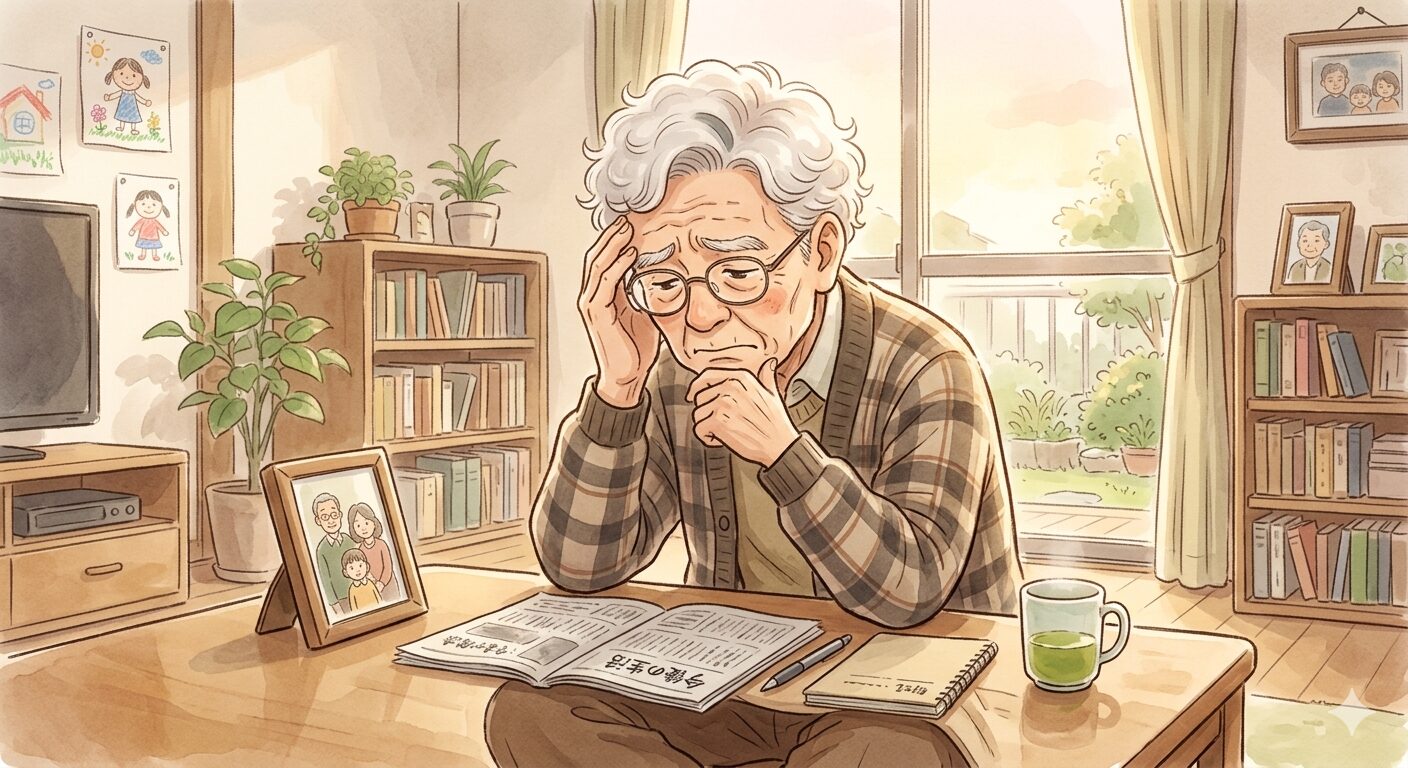 認知症について考え込む高齢女性のイラスト