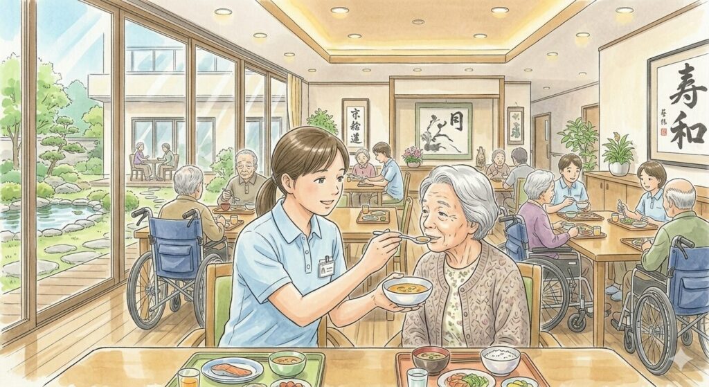 施設内で食事介助をしているイラスト