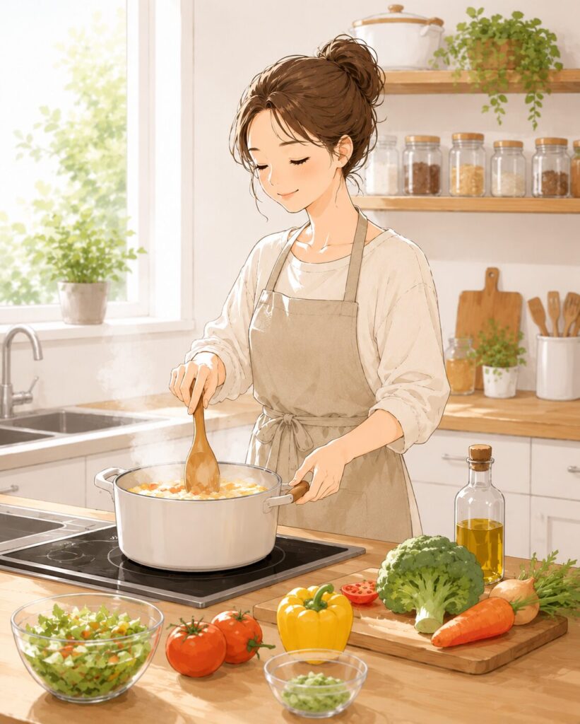 元気に料理を楽しむイラスト