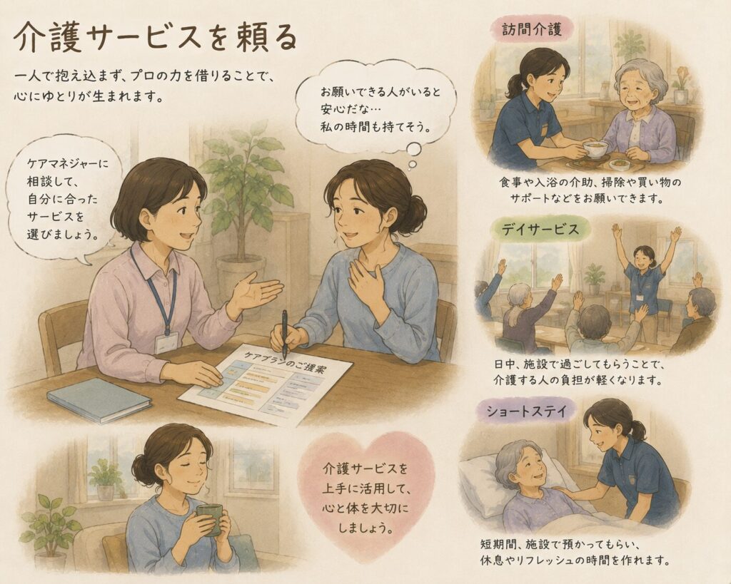 介護サービスを頼りましょう！のイラスト