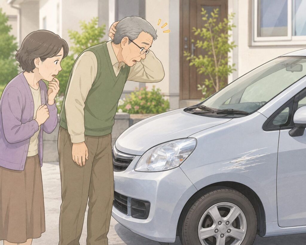 車に新しい傷があるのを発見し親の心配をする子供のイラスト
