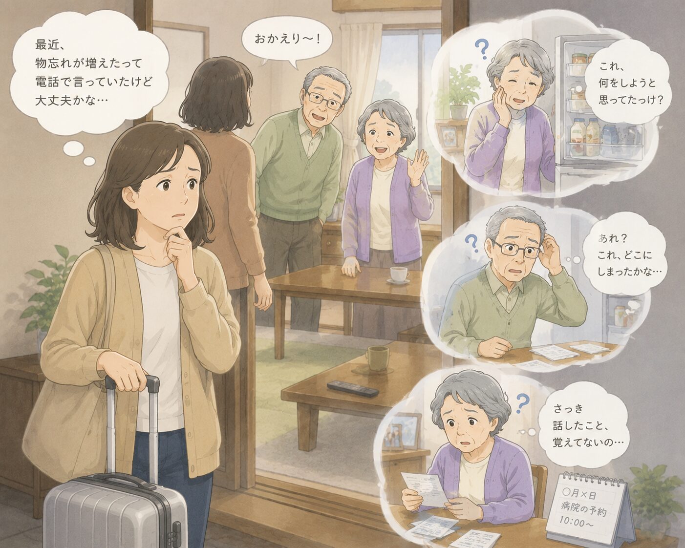 親の老後が心配な娘のイラスト