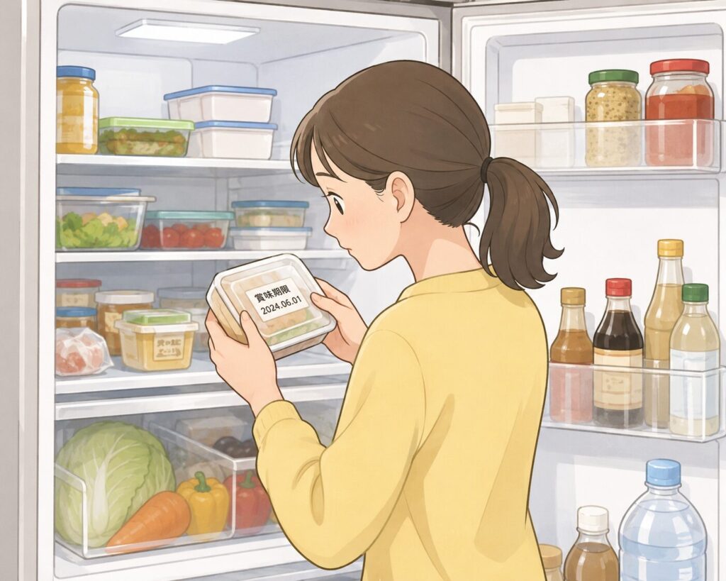 賞味期限を確認する娘のイラスト