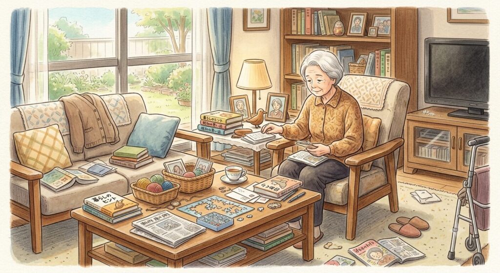 部屋が散らかり始める高齢者のイラスト