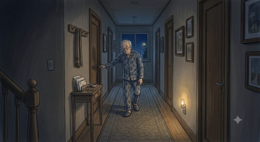 夜中に寝ぼけて歩く高齢者