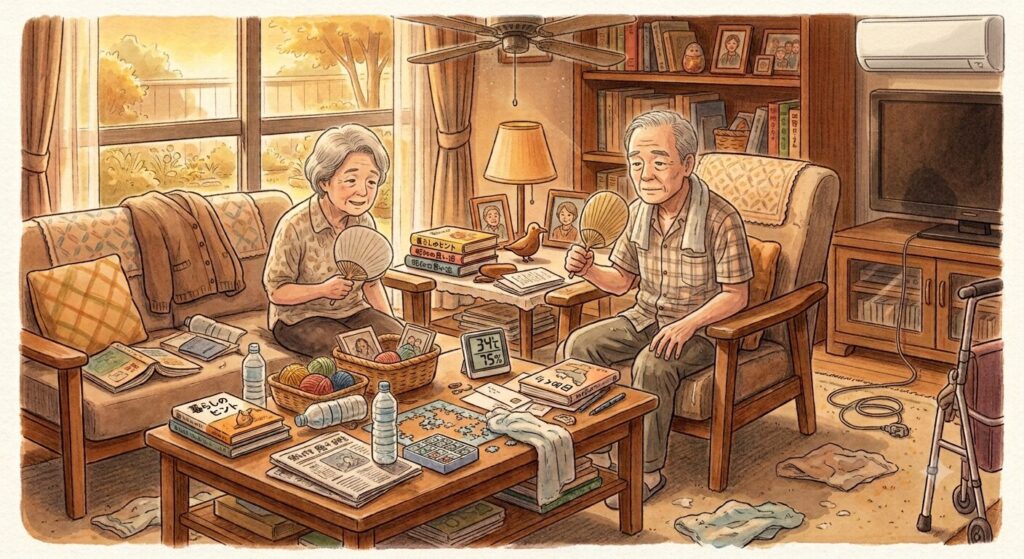 エアコンを使用せず暑さに鈍感になっている高齢者のイラスト
