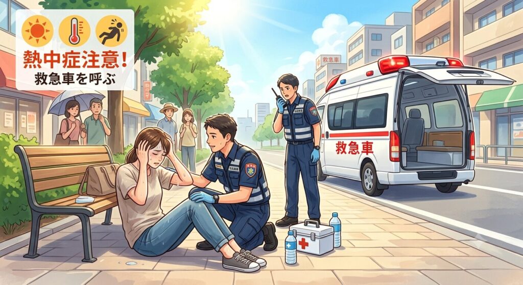 熱中症で救急車を呼ぶイラスト