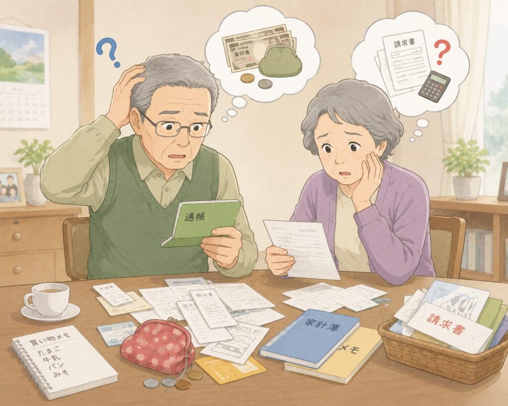 お金の管理が難しくなってきた高齢夫婦のイラスト